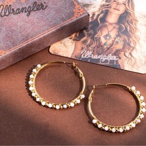 Wrangler Gold and White Hoop Earrings